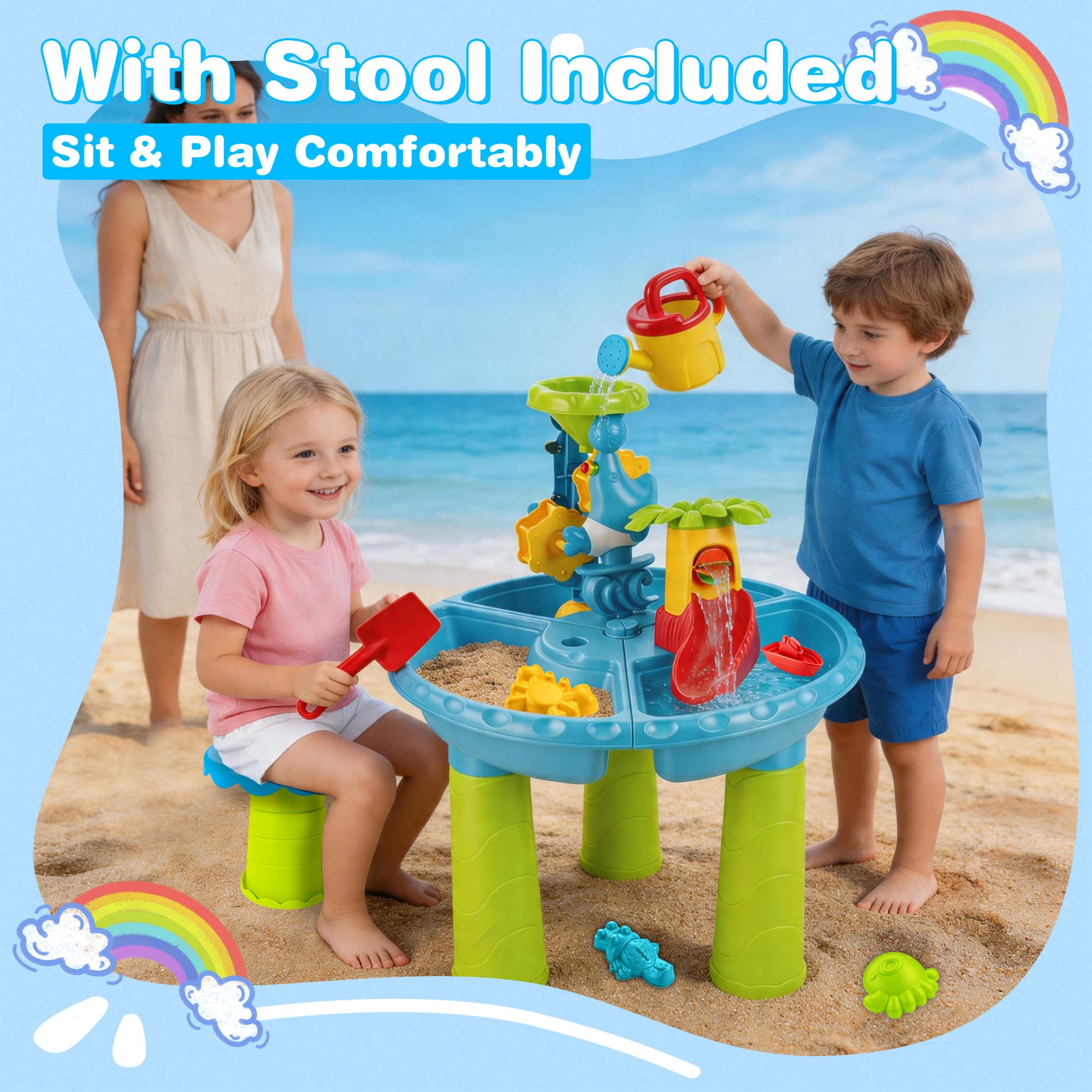 FVLOENG Sand and Water Table for Toddlers 1-3 with Stool, Kids Sensory Activity Table for Water, Sand & Snow Play, Outdoor Backyard Beach Toy, Blue