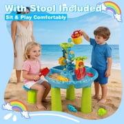 FVLOENG Sand and Water Table for Toddlers 1-3 with Stool, Kids Sensory Activity Table for Water, Sand & Snow Play, Outdoor Backyard Beach Toy, Blue