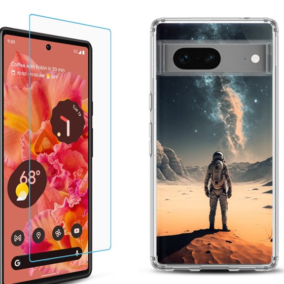 OneToughShield ® for Google Pixel 7a Shockproof Bumper Phone Case, with Tempered Glass Screen Protector - Astronaut Milkyway
