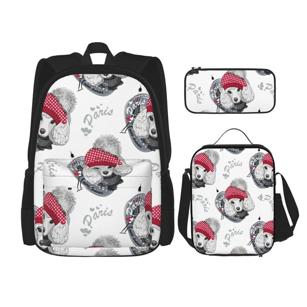 Balery Cute Poodle Dog Mochila Escolar 3 en 1 para Niños - Mochila Resistente con Lonchera Térmica y Estuche - Mochila Escolar para Niños y Niñas