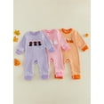 thumbnail image 3 of RUINIXCW Newborn Baby Girl Boy Halloween Outfit Infant Baby Girls Boys Fall Winter Clothes Waffled Striped Romper Pumpkin Ghost Cat Embroidery Long Sleeve Jumpsuit, 3 of 9