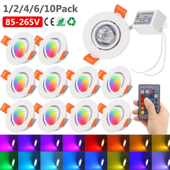 Rosnek 10 Pack Recessed Lighting 3W RGB Dimmable LED Can Lights 16 Colors Changing LED Downlight with Remote Control Recessed Lights Ceiling Lamp For Home Stage Party Indoor Decor