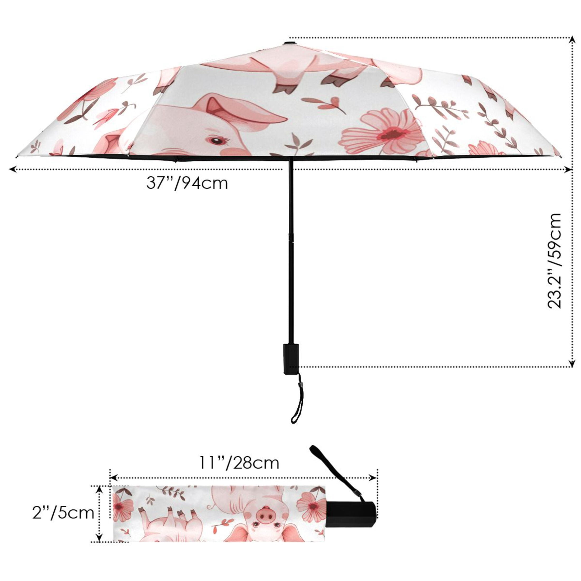 Cute Pig with Flower Compact Sun Umbrella Windproof Travel Umbrellas for Rain Strong Portable UV Protection