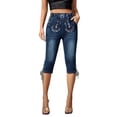thumbnail image 2 of VBVC Women's Western Embroidered Denim Capri Pants , Summer Tie Hem Jean Capris For Women , Ladies' Stretchy Cropped Pants with Pockets,Blue,S-2XL, 2 of 9