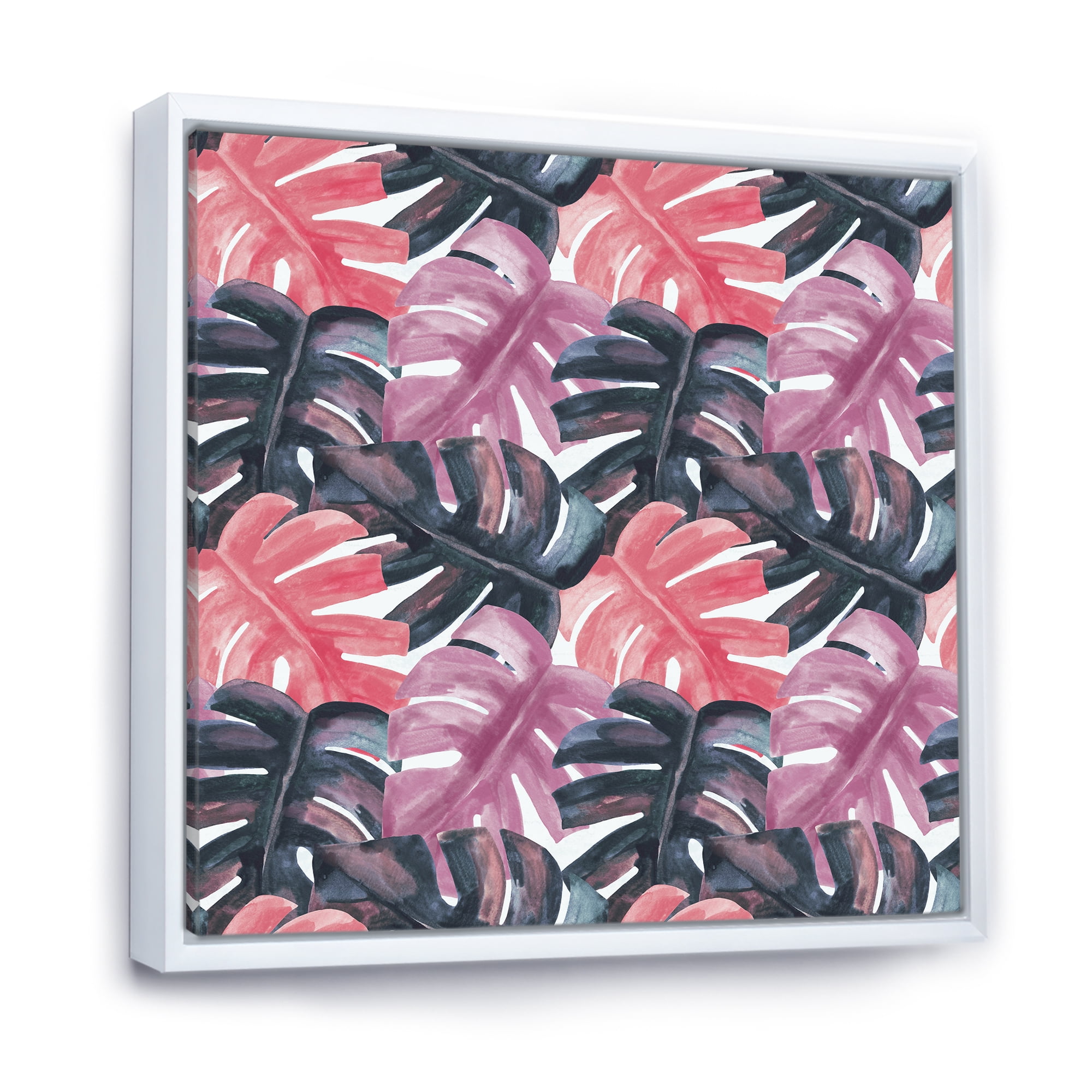 Designart 'Black and Red Monstera On Rough Brush Strokes II' Tropical Framed Canvas Wall Art Print