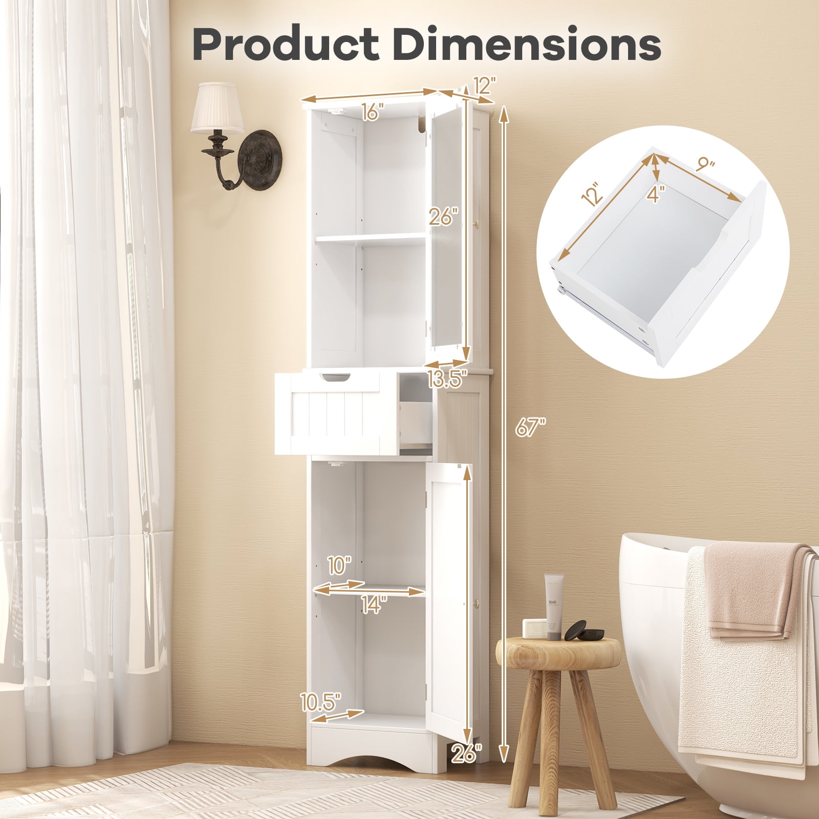 Giantex Tall Bathroom Storage Cabinet, Narrow Slim Linen Tower, Freestanding Floor Cabinet, White