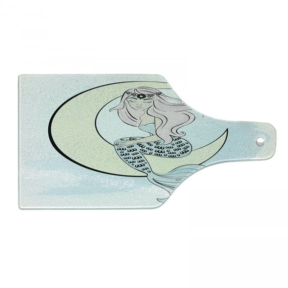 Magic Moon Cutting Board, Doodle of Mermaid Girl Sits on Crescent, Decorative Tempered Glass Cutting and Serving Board, in 3 Sizes, by Ambesonne