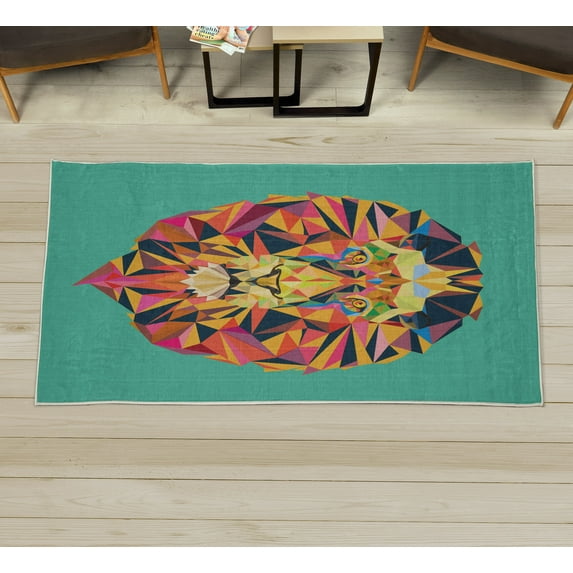 Zoo Decorative Rug, Colorful Animals Geometric Diamond Face Lions Mane Safari Wildlife Theme Image, Quality Carpet for Bedroom Dorm and Living Room, 6 Sizes, Turquoise, by Ambesonne