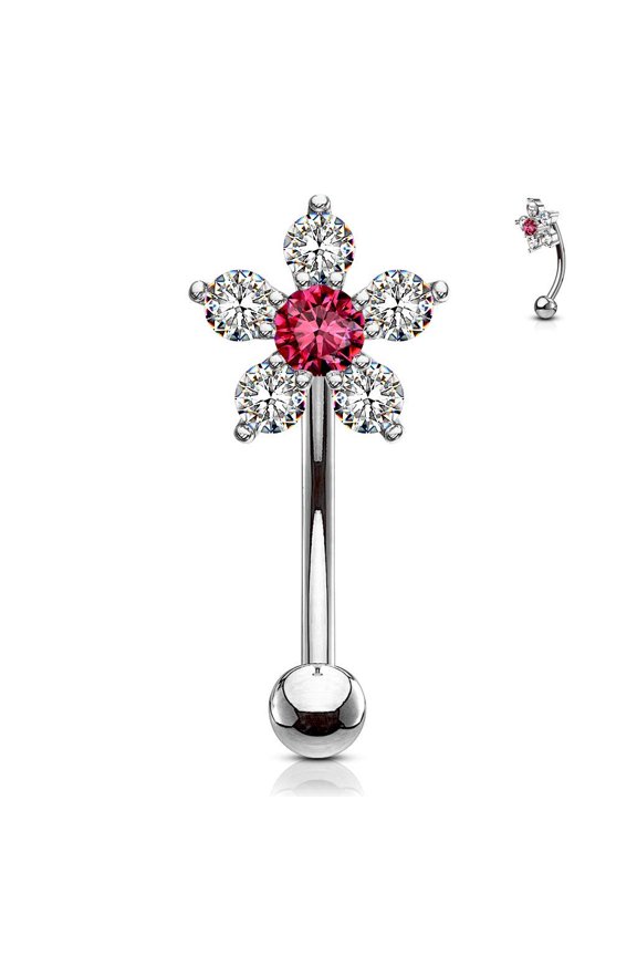 16G Double Tiered 6 CZ Flower Top Curved Eyebrow Barbell Surgical Steel Body Piercing Eyebrow Ring (Clear)