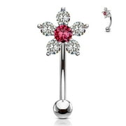MoBody 16G Double Tiered 6 CZ Flower Top Curved Eyebrow Barbell Surgical Steel Body Piercing Eyebrow Ring (Clear/Pink)