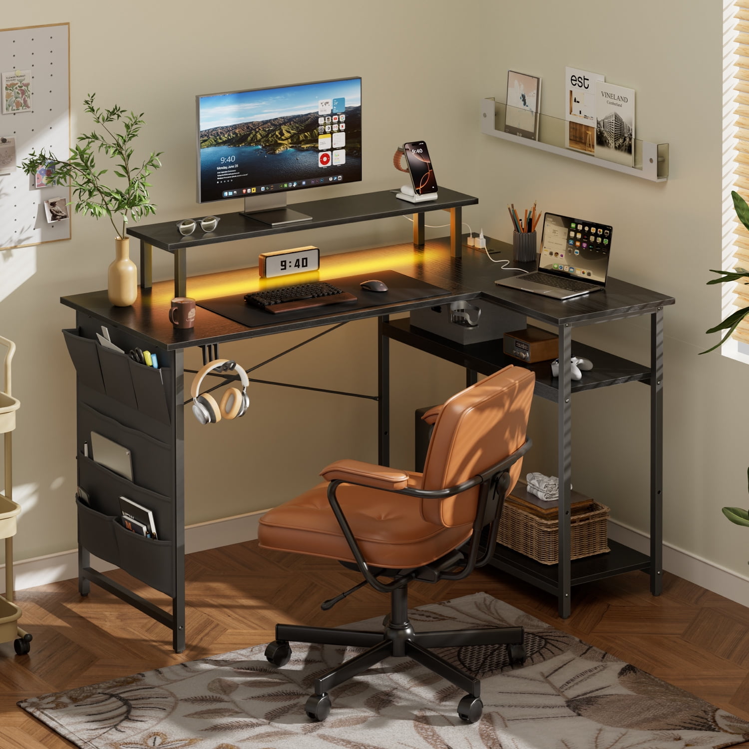 HLDIRECT 43 Inch L Shaped Computer Desk with Power Outlet, Gaming Corner Desk with LED Lights, Home Office Table with Storage Shelves & Monitor Stand, Black