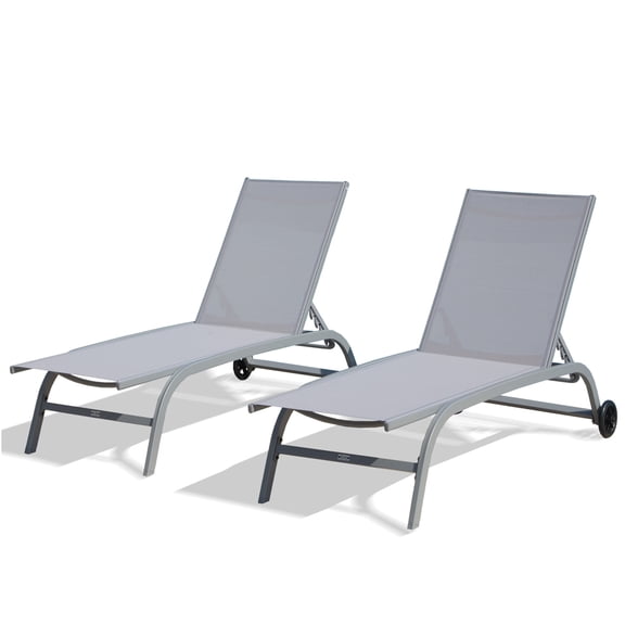 JERFIT 2-Pack Outdoor Chaise Lounge Chairs with Wheels, Adjustable 5-Position Backrest, Textilene Fabric & Aluminum Frame for Patio, Poolside, Beach (Grey)