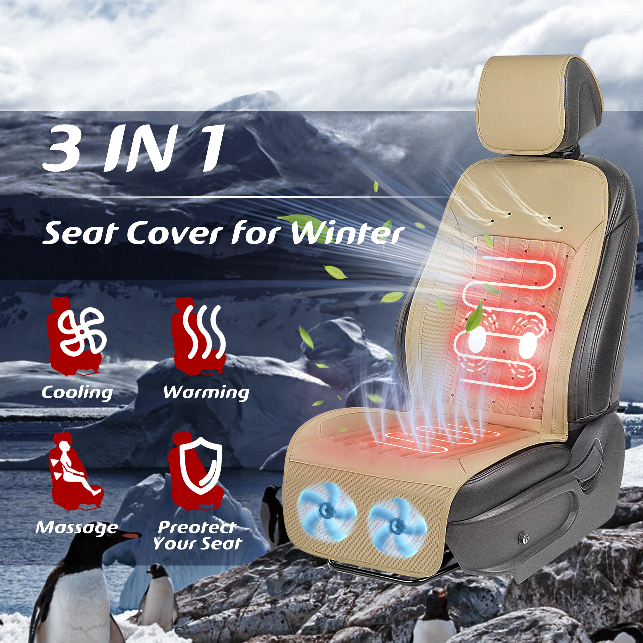Paffenery Cooling and Heated Seat Cover Front Seat, 12V-24V Ventilated Cooling Car Seat Cushion, Cooled Seat Cover for Car SUV Truck Universal Fit, Fashion Beige