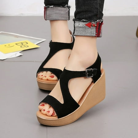 

BRISEZZS Womens Platform Sandals Casual Wedges Muffin Fish Mouth Summer Slide Sandals #439 Black