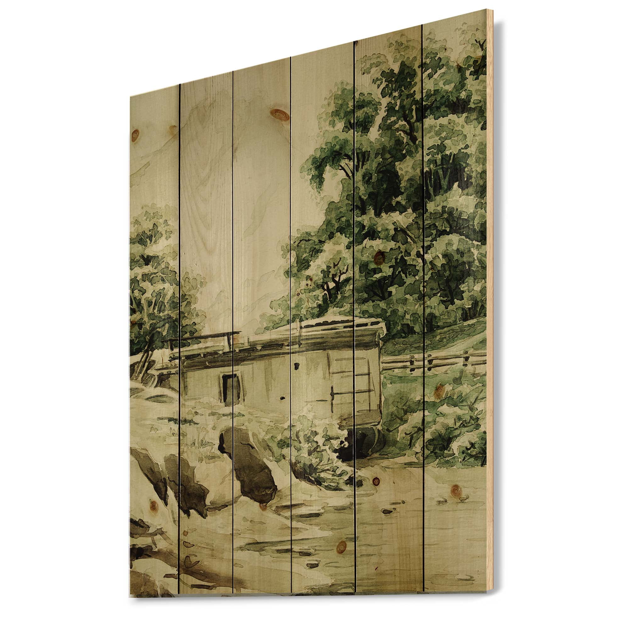 Designart 'Cabin In The Green Mountains' Cabin & Lodge Print on Natural Pine Wood