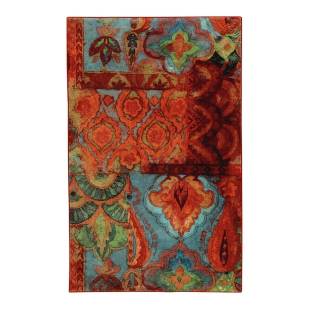 Mohawk Aurora Area Rug 12915 416 Red / Sky Blue Swirls Leaves 5' x 8' Rectangle