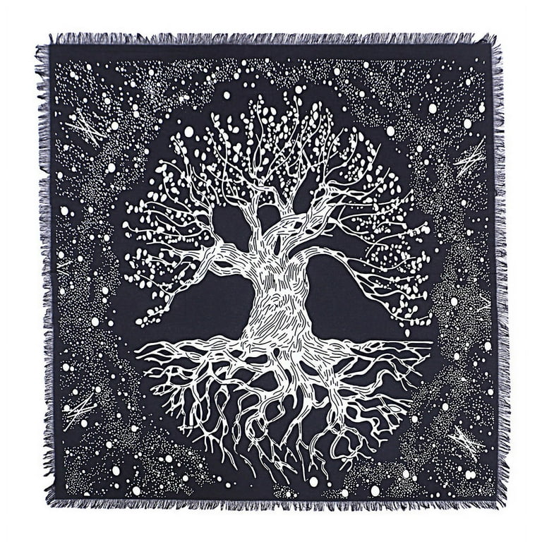 Tree Of Life Tarot Altar Cloth — 18x18 Inch Handmade Cotton Divination Tablecloth With Fringes, Silver Trunk Design