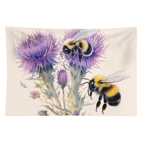 GooTPa Bees Thistle Floral Buds Polyester Wall Tapestry Anti Wrinkle Art Hanging Decor for Bedroom Living Room Home Holiday Decoration Gift