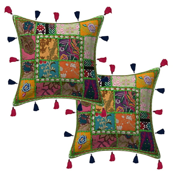 Stylo Culture Indian Decorative Throw Pillow Covers Patchwork 16 x 16 Embroidered Cowrie Parrot Green Tribal Hippie 40x40 cm Lounge Decor Cotton Sea Shell Tassels Square Cushion Covers | Set Of 2