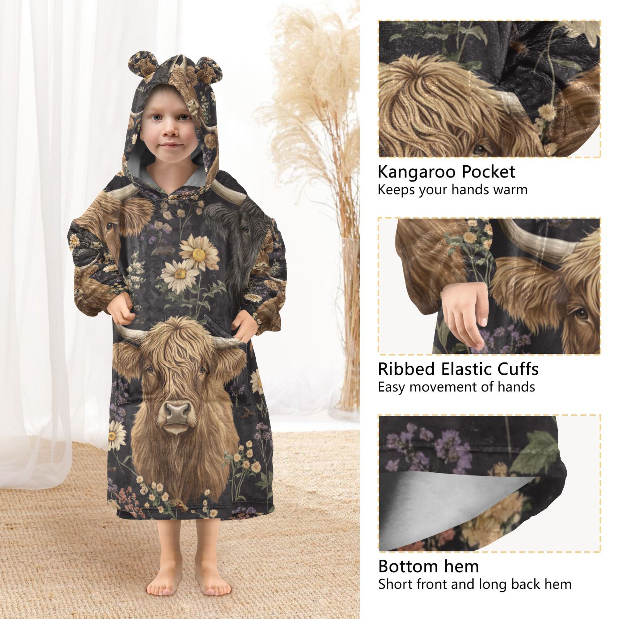 FORMRS Wearable Blanket Hoodie with Sleeves for Kids Cozy Flannel Sweatshirt, Cows and Flowers
