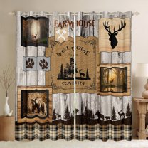 jejeloiu Western Farmhouse Cabin Curtains Pack of 2 (42x84 Each),Jungle Deer Bear Curtains Blackout,Vintage Geometric Grid Bedroom Curtains For Kids,Super Cozy Room Decor