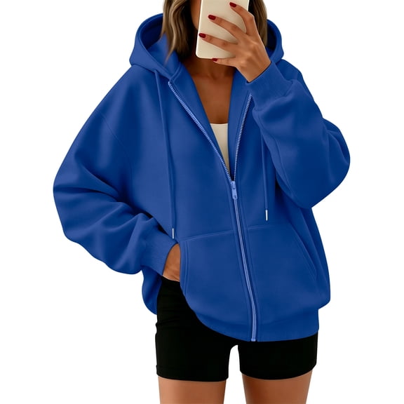 Nestiefly Women's Drawstring Long Sleeve Sweatshirts Zip Up Cute Oversized Fleece Hoodies with Pockets Royal Blue 2XL