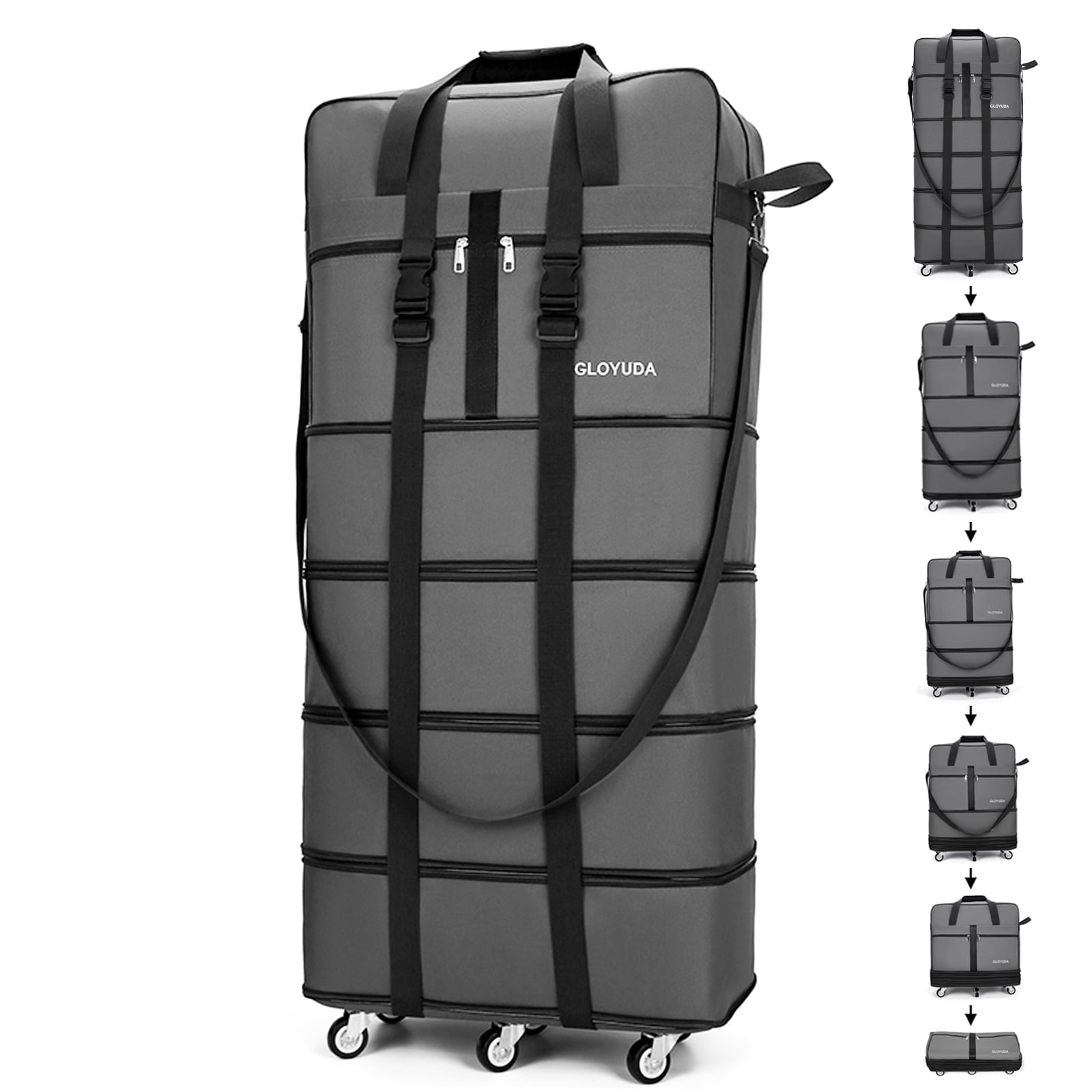 Gloyuda 42 inch Rolling Bag, Duffle Bag with Wheels, Rolling Tote Bags with Wheels, Collapsible Luggage, Travel Bag with Wheels and Handle, Roller Bag with 2 Fixing Straps and 1 Shoulder Strap