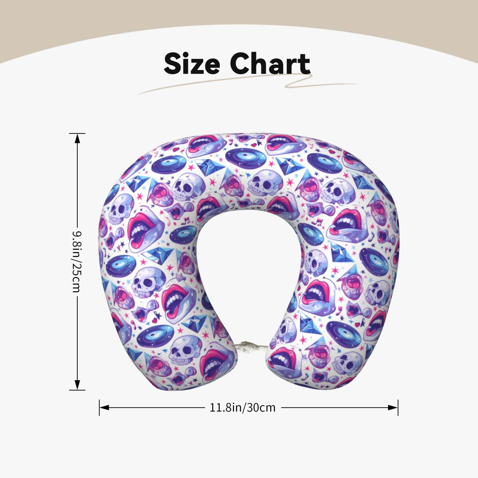 Xecao crystal Skull record lips Print Memory Foam Cervical Neck Pillow Versatile U-Shaped Pillows for Home,Office,Camping,Travelling,Soft Washable Cover