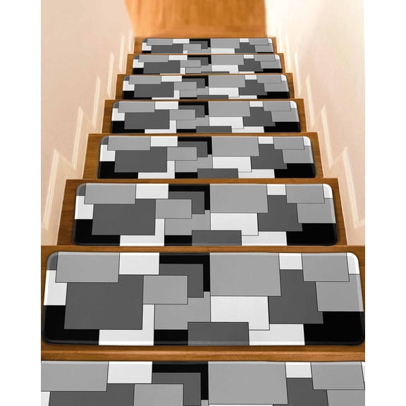 Grey Black White Abstract Stair Treads for Wooden Steps Indoor Runner Rug Carpet, Art Modern 7 Pieces Peel and Stick Staircase Step Treads Covers Washable Throw Door Mats, 30"x8"