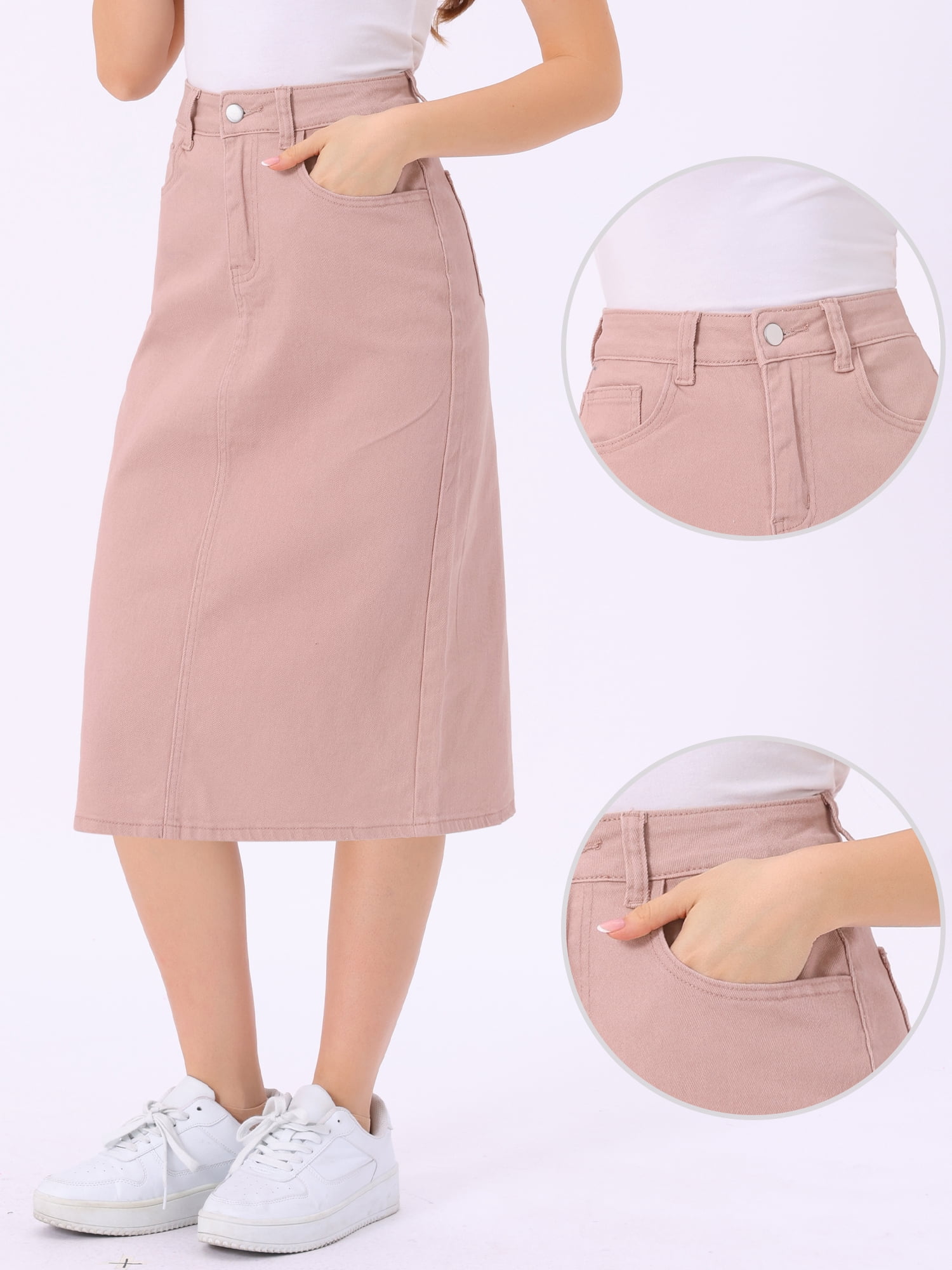 DARING DIVA Women's Zipped and Button Denim Split Back Pockets Midi Jean Skirts XL Pink