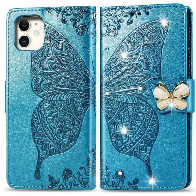 Étui Portefeuille pour iPhone xr, Étui de Protection en Cuir PU avec Sangle de Poignet et Fentes pour Cartes, Support en Relief Papillon Fleur pour iPhone Bleu