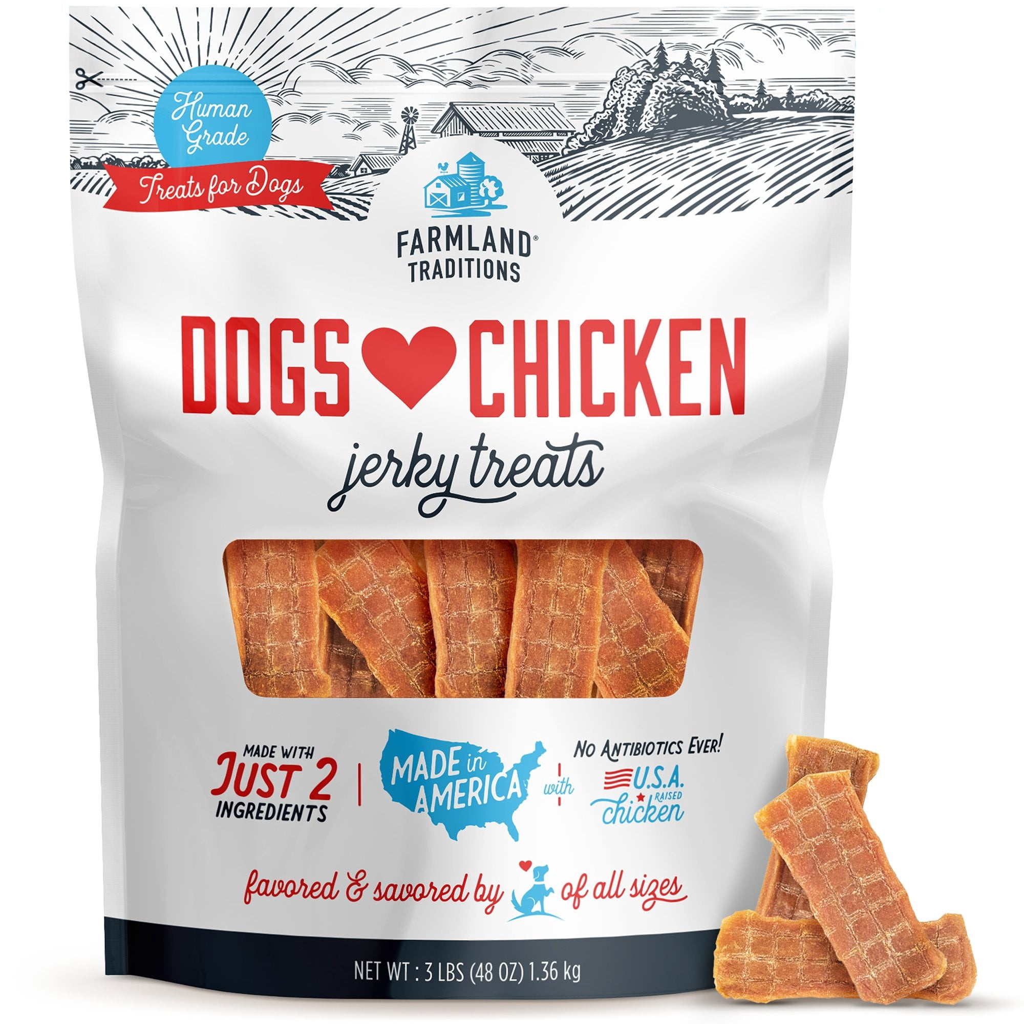 Farmland Traditions Dogs Love Chicken Jerky Dog Treats, Premium Two-Ingredient Dog Jerky with USA-Raised, Human-Grade Chicken & No Antibiotics Ever, 3-Pound Bag