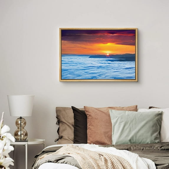 PixonSign Framed Canvas Print Wall Art Rainbow Mountain Range and Clouds Botanical Wilderness Photography Realism Glam Scenic Colorful Neon for Living Room, Bedroom, Office - 16"x24" Natural