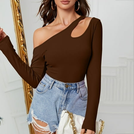 

Swim Shirts for Woman Long Sleeve Workout Tops for Women Knitted Slim Fit Off Shoulder Hiking Shirts Women Rash Guard for Women Brown M