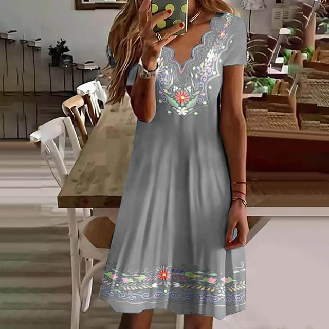 SMihono Robes d'Été Bohémiennes Femmes Grande Taille Mode Femmes Été Décontracté Col en V Imprimé Manches Courtes Mini Robe