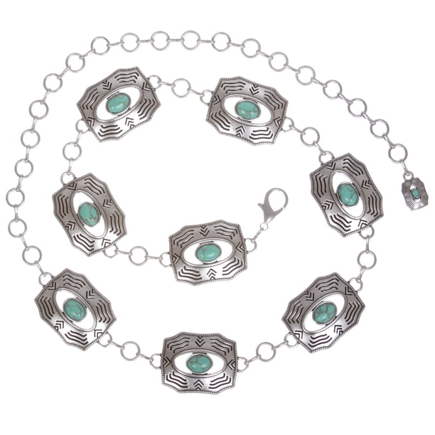 Women's Western Concho Chain Belt With Turquoise Stones - Antique Silver, Adjustable Up To 44"
