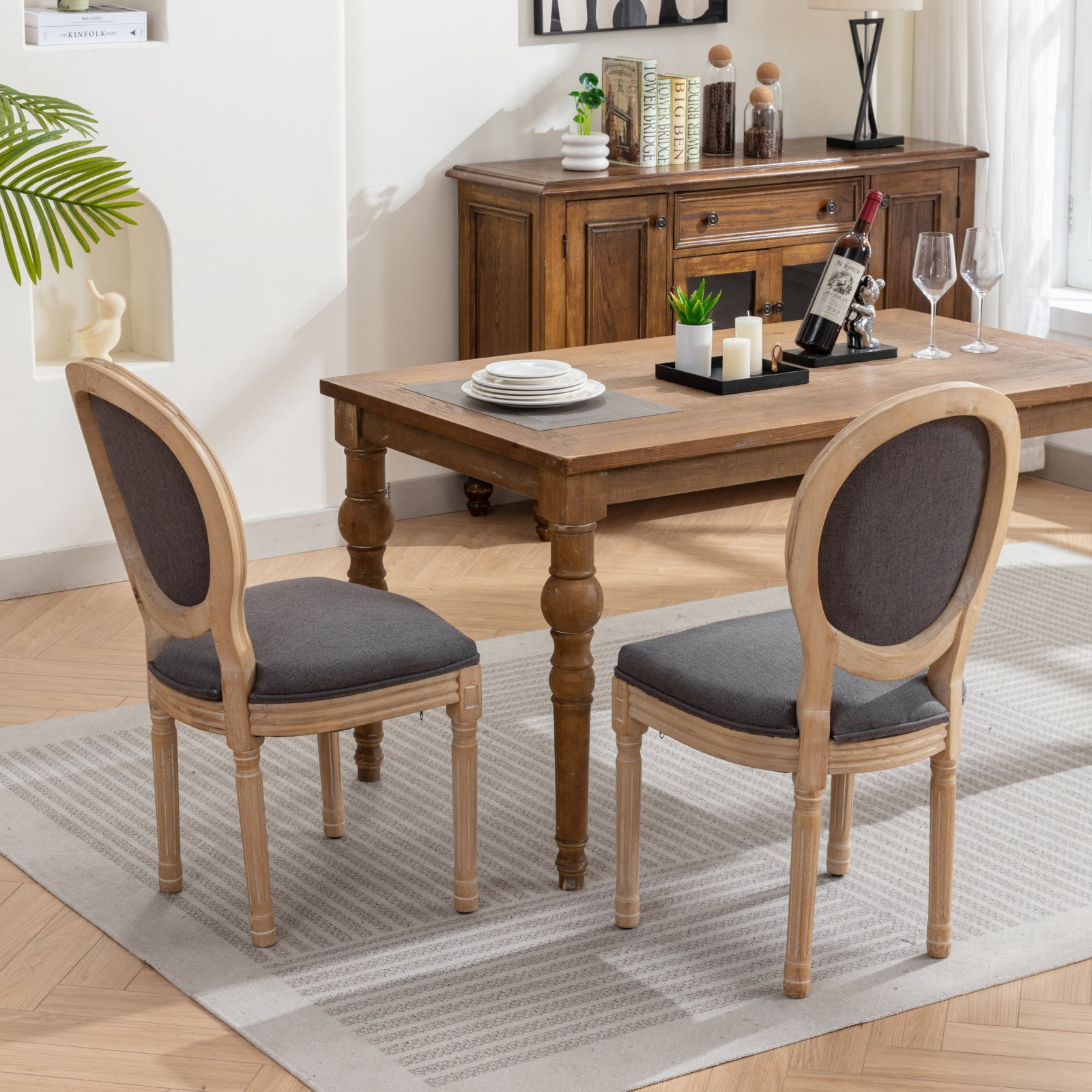 PORKISS Dining Chairs Modern Upholstered Set of 2, French Style Solid Wood Dining Side Chairs, Linen Fabric Dining Chair with Nailhead Trim, Dark Gray B