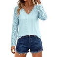 thumbnail image 5 of Women's V Neck Long Sleeve Hollow Out Casual Tops Shirts Blouses Solid Color Loose Fit Tunic Tee for Business Office Work Vacation Travel Fashion Essential Gift | HAODEJW,Light Blue XL, 5 of 9