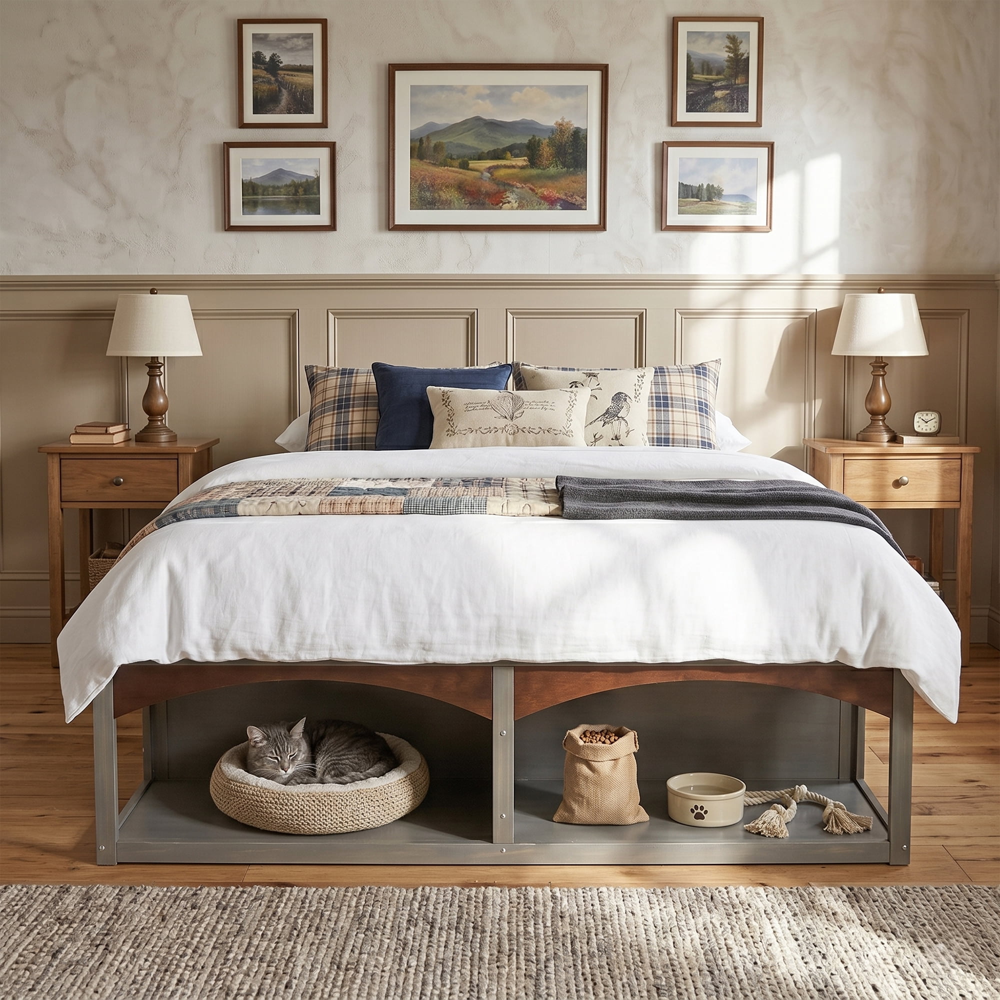King Size Platform Bed with 2 Storage Drawers, Lighted Under-Bed Open Pet Space, No Headboard