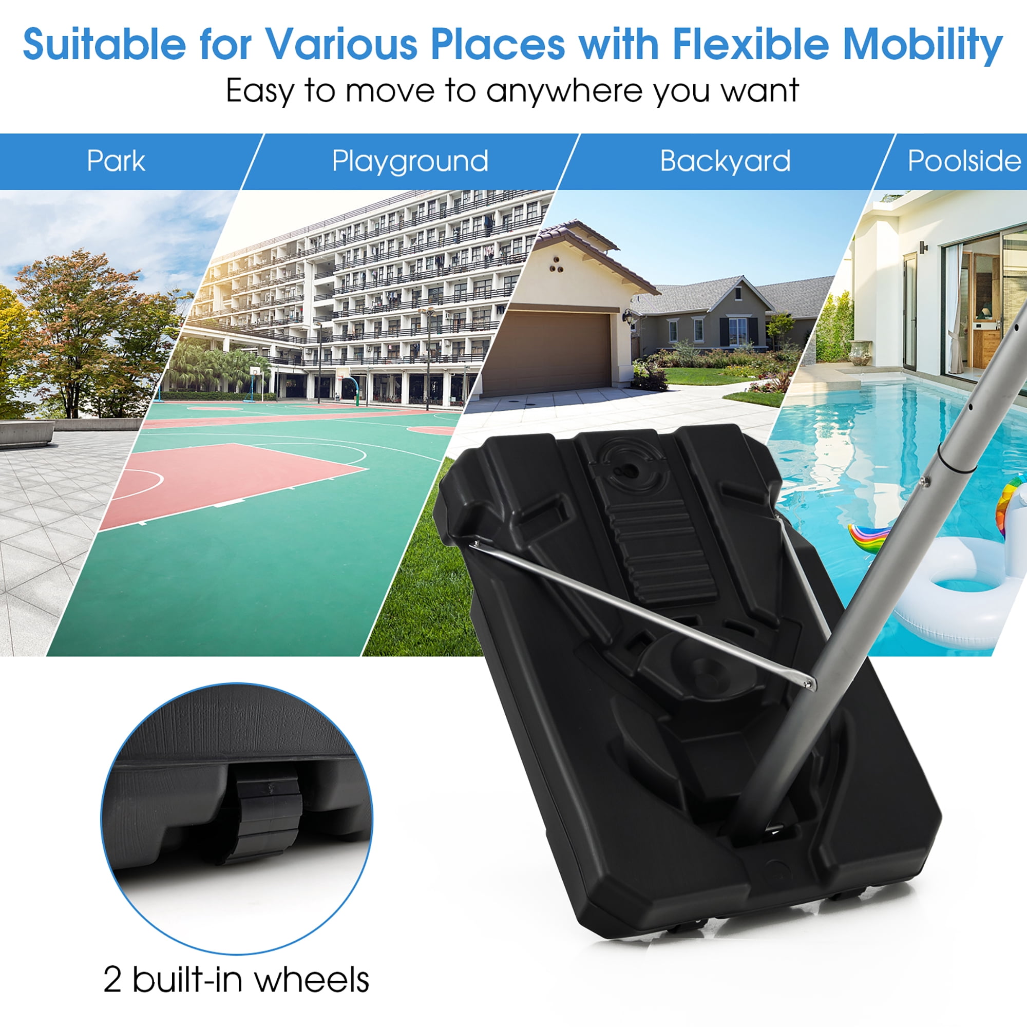 Costway 64''-79'' Height Adjustable Poolside Basketball Hoop Goal System with44'' Backboard Black
