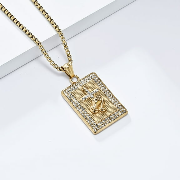 Hiphop Praying Hands Cross Zircon 14K Yellow Gold Pendant Necklace ffor Men Fashion Religious Amulet Jewelry A363