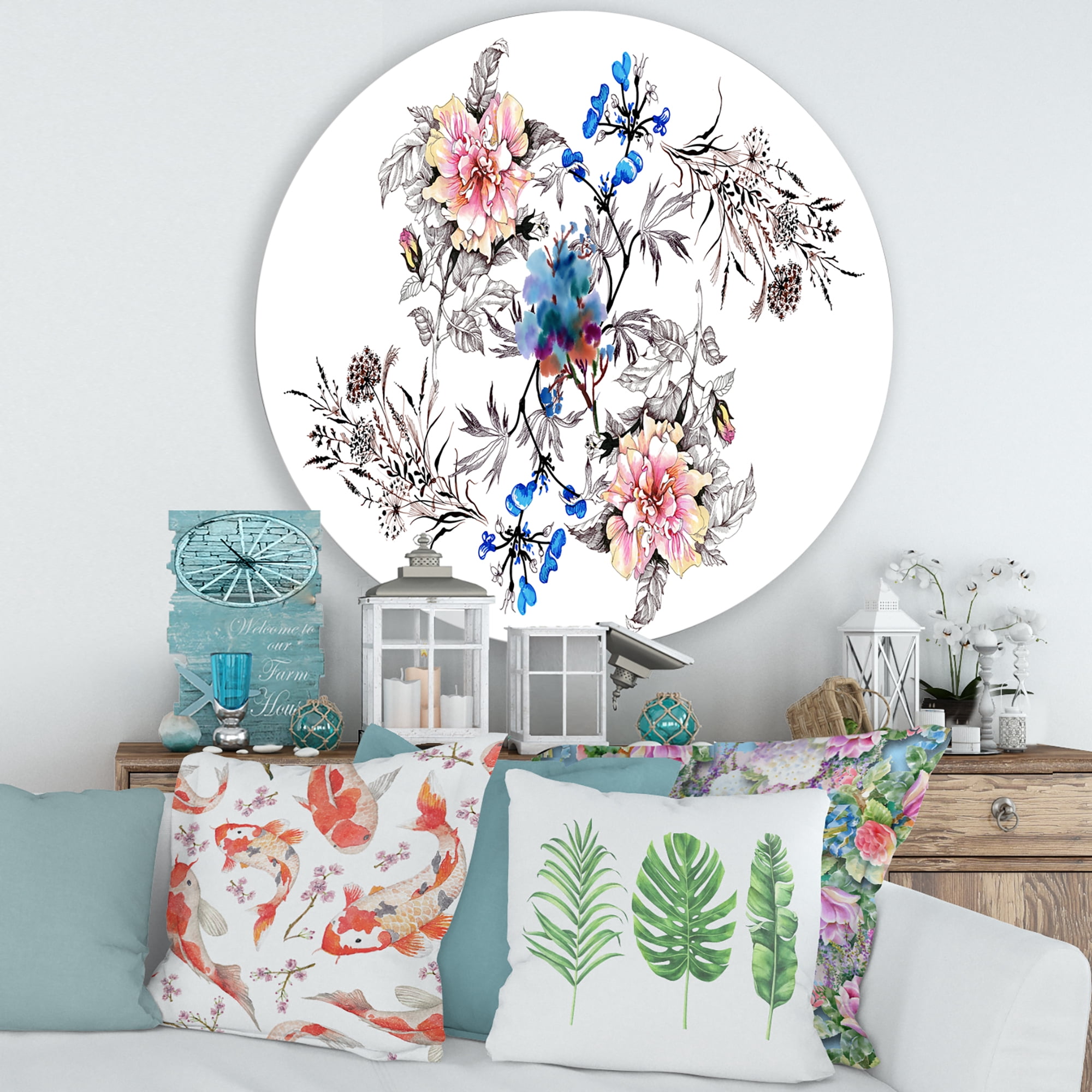 Designart 'Pink and Blue Wildflowers' Traditional Circle Metal Wall Art 29x29 - Disc of 29