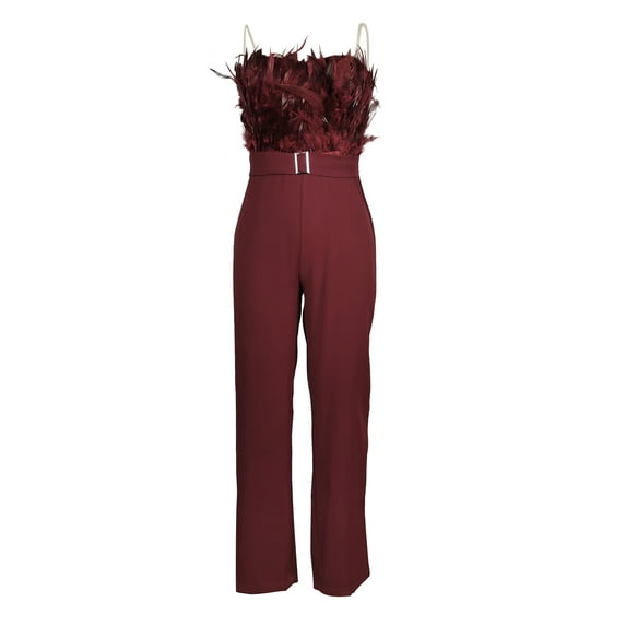 Liacowi Women Elegant Feather Jumpsuit Sexy Off Shoulder Strapless Tube Top Dressy Belted Wide Leg Pants Romper Clubwear