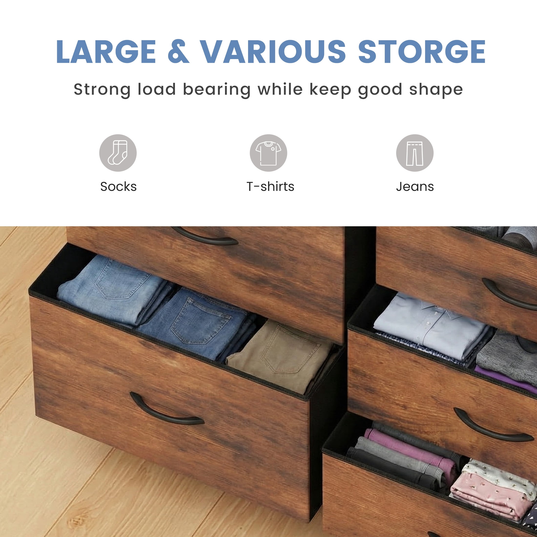edx 5 Drawer Dresser for Bedroom, 39.4" Fabric Chest of Drawers with Wooden Top, Storage Organizer for Closet, Hallway & Living Room, Rustic Brown