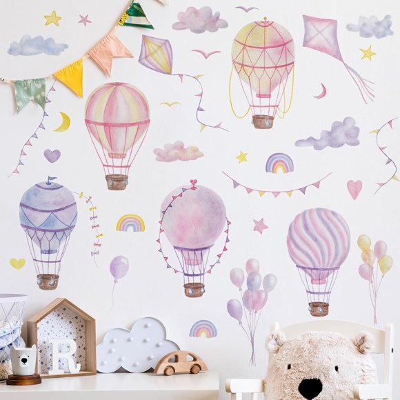 Buiory Grands Autocollants Muraux Montgolfière Étoiles Nuages Ballons Autocollants Muraux en Vinyle cerfs-Volants Colorés Art Mural Arc-en-Ciel pour Enfants Chambre de Bébé