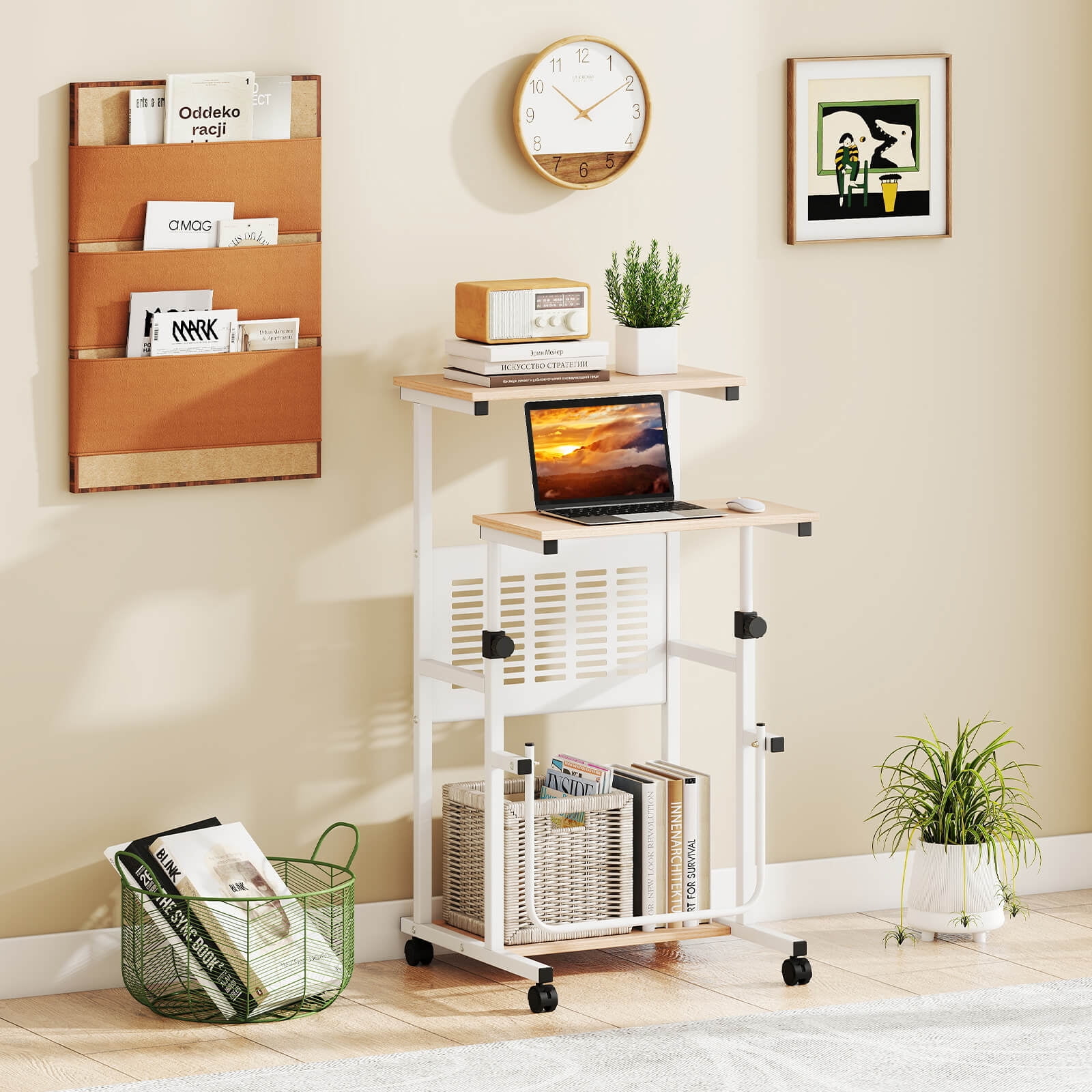 Costway Adjustable Standing Desk with Footrest Mesh Panel Lockable Wheels Sit Home Office