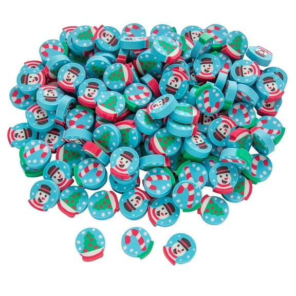Fun Express 3/4" Bulk 144 Pieces Mini Christmas Snowman, Candy Cane & Tree Snow Globe Rubber Erasers