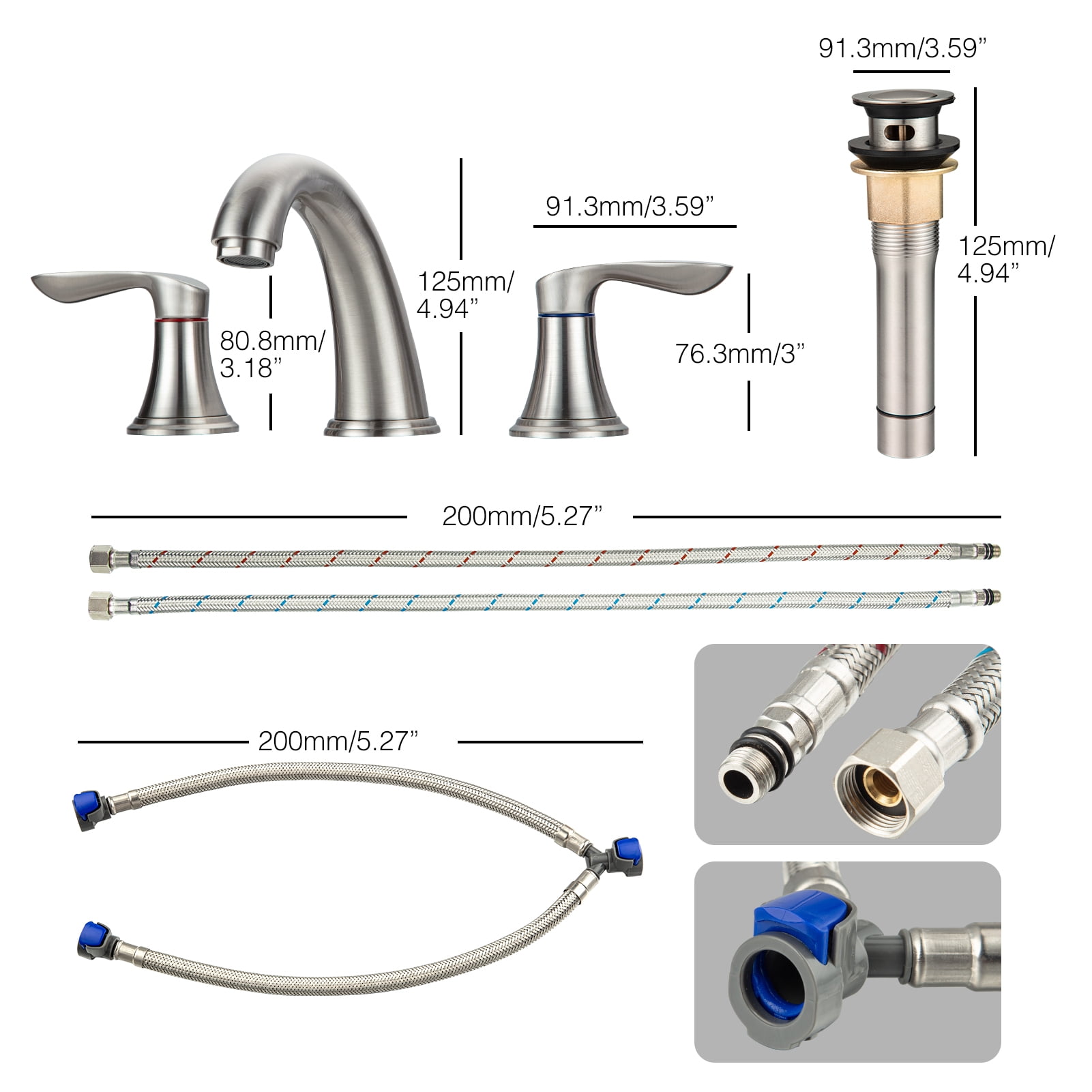 Bathroom Faucets for Sink 3 Hole, Faucet for Bathroom Sink, Bathroom Faucet with Pop up Drain and Cold Hot Water Lines