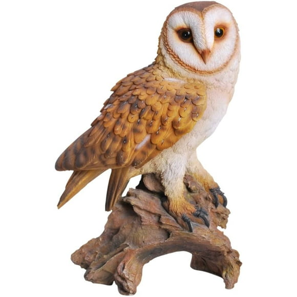 Realistic Common Barn Owl Perching On Tree Stump Statue With Glass Eyes 13.75"H