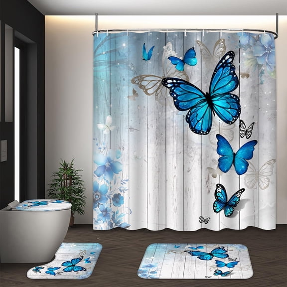 LVRLVR 1/4 Blue Butterfly & Floral Rustic Fabric Shower Curtain Rug Set - Bath Mat Bathroom Decoration,Blue, 70.8" × 70.8"
